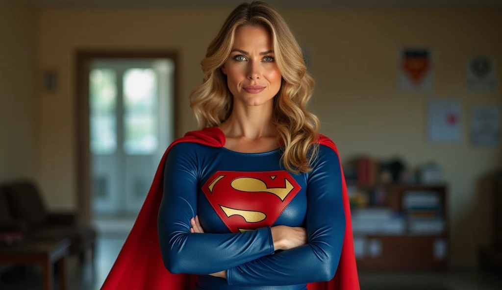 (((very beautiful old Supergirl (((1984s costume))) Julie Hagerty))) Super woman Julie Hagerty; confident, powerful, indestructible, attractive; big and firm chest; strong breasts; arms crossed. HD. Photograph, ((realism)), extremely high quality RAW photograph, ultra detailed photograph, sharp focus, high resolution, (detailed skin:1,3),high quality, film grain, Fujifilm XT3,Highly Detailed, movie, (Cinematic Photo:1.3) of (Realistic:1.3)