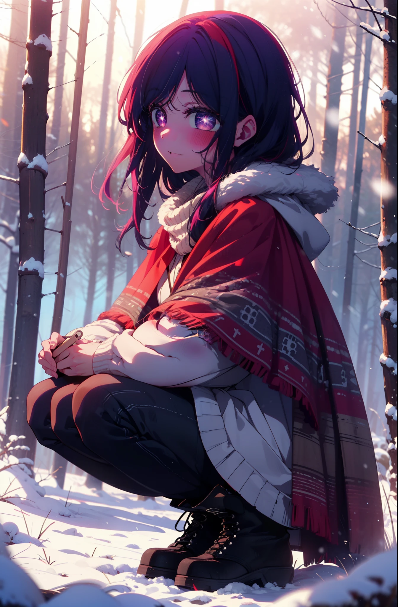 aihoshino, Ai Hoshino, Long Hair, bangs, (Purple eyes:1.1), Purple Hair, (Symbol-shaped pupil:1.5), smile,,smile,blush,white breath,
Open your mouth,snow,Ground bonfire, Outdoor, boots, snowing, From the side, wood, suitcase, Cape, Blurred, , forest, White handbag, nature, Squat, Mouth closed, Cape, winter, Written boundary depth, Black shoes, red Cape break looking at viewer, Upper Body, whole body, break Outdoor, forest, nature, break (masterpiece:1.2), Highest quality, High resolution, unity 8k wallpaper, (shape:0.8), (Beautiful and beautiful eyes:1.6), Highly detailed face, Perfect lighting, Highly detailed CG, (Perfect hands, Perfect Anatomy),
