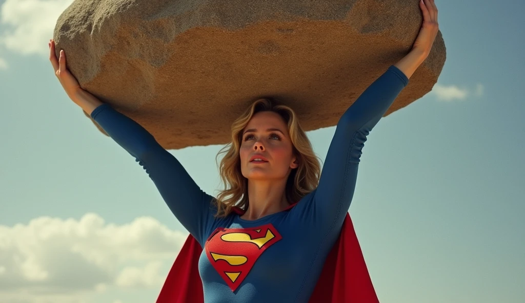 (((very beautiful old Supergirl (((1980s costume))) Julie Hagerty))) Super woman Julie Hagerty; confident, powerful, indestructible, attractive; big and firm chest; strong breasts; arms crossed, levanta facilmente uma enorme pedra de 300 toneladas sobre sua cabeça; arms of a strong woman. HD. Photograph, ((realism)), extremely high quality RAW photograph, ultra detailed photograph, sharp focus, high resolution, (detailed skin:1,3),high quality, film grain, Fujifilm XT3,Highly Detailed, movie, (Cinematic Photo:1.3) of (Realistic:1.3)