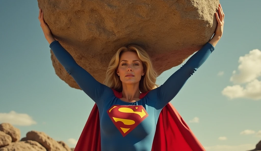 (((very beautiful old Supergirl (((1980s costume))) Julie Hagerty))) Super woman Julie Hagerty; confident, powerful, indestructible, attractive; big and firm chest; strong breasts; arms crossed, levanta facilmente uma enorme pedra de 300 toneladas sobre sua cabeça; arms of a strong woman. HD. Photograph, ((realism)), extremely high quality RAW photograph, ultra detailed photograph, sharp focus, high resolution, (detailed skin:1,3),high quality, film grain, Fujifilm XT3,Highly Detailed, movie, (Cinematic Photo:1.3) of (Realistic:1.3)