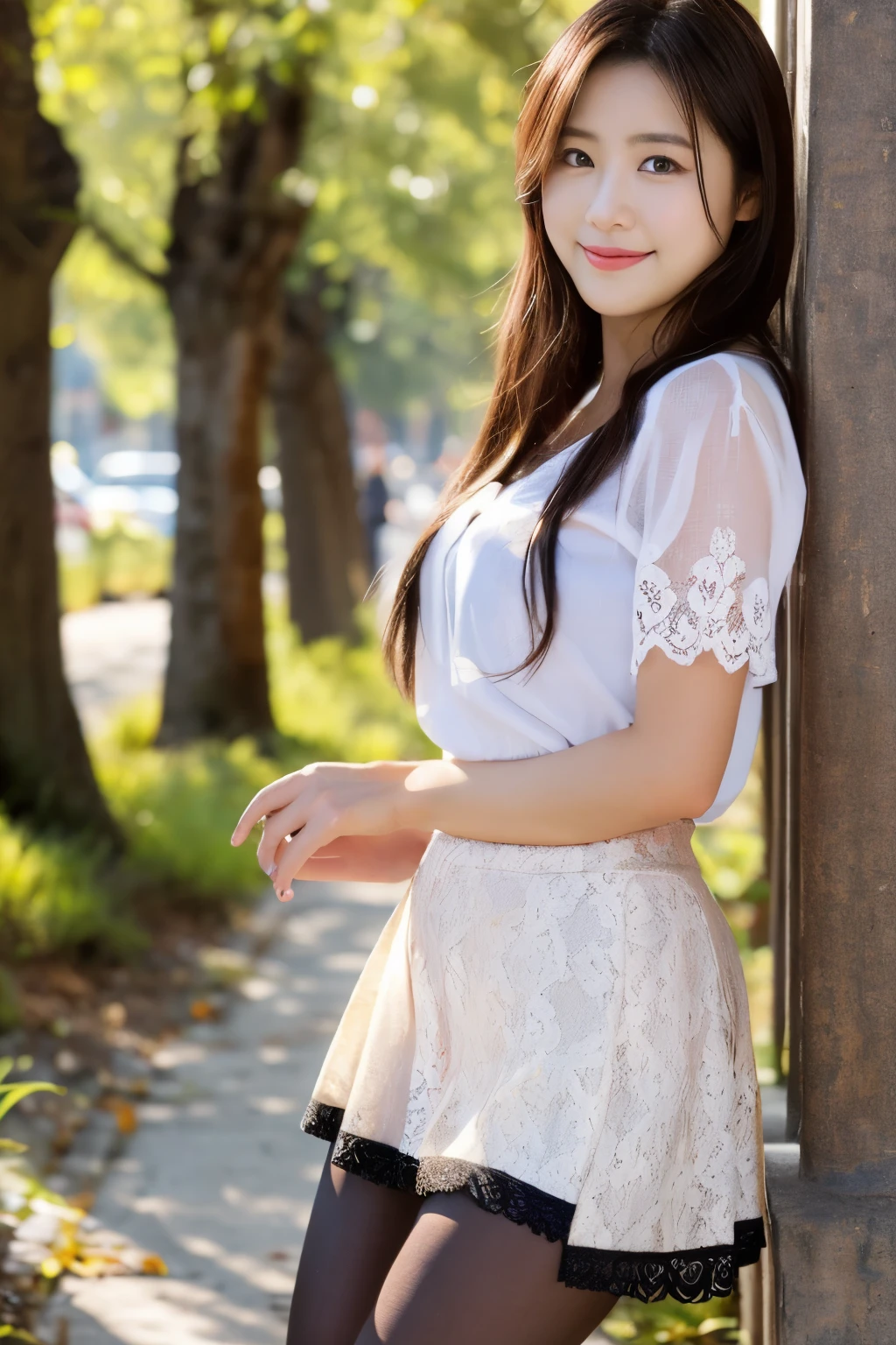 ulzzang-6500-v1.1, (RAW Photos:1.2), (Photorealistic),(Genuine: 1.4), Popular actress、(White shirt:1.2), (black lace skirt:1.3)、(Ultra-realistic pantyhose:1.2), game_Tekkâ, Ultra-realistic skin texture、Shiny skin、turn around、Bare thighs!!!、A shy smile、Pose for shooting、sunlight、A quiet park、