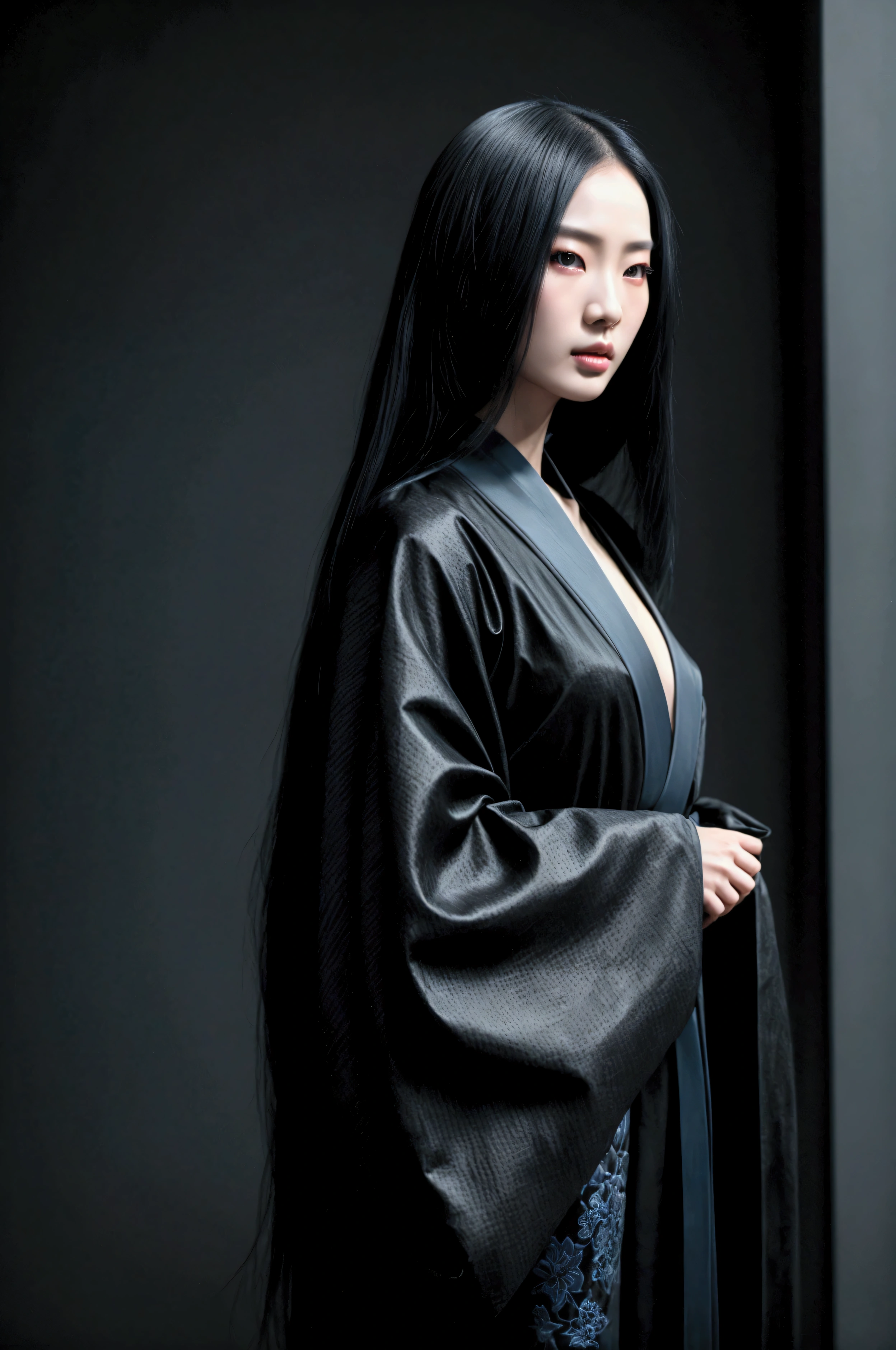 dark techno, cyberpunk,「Realistic image of a Asia Model She is elegant, pale, Perfect and long skin, Flowing black hair that blends with the surrounding shadows. Her kimono is exquisite and meticulous down to the last detail.., dark, Relaxing dark blue and black tones, Exquisitely decorated, Negative patterns that indicate a connection to the supernatural.