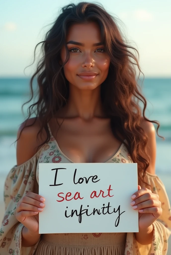 Beautiful brown skin girl with wavy long hair, bohemian dress, holding a white board with text "I Love Seaart Infinity" and showing it to the viewer