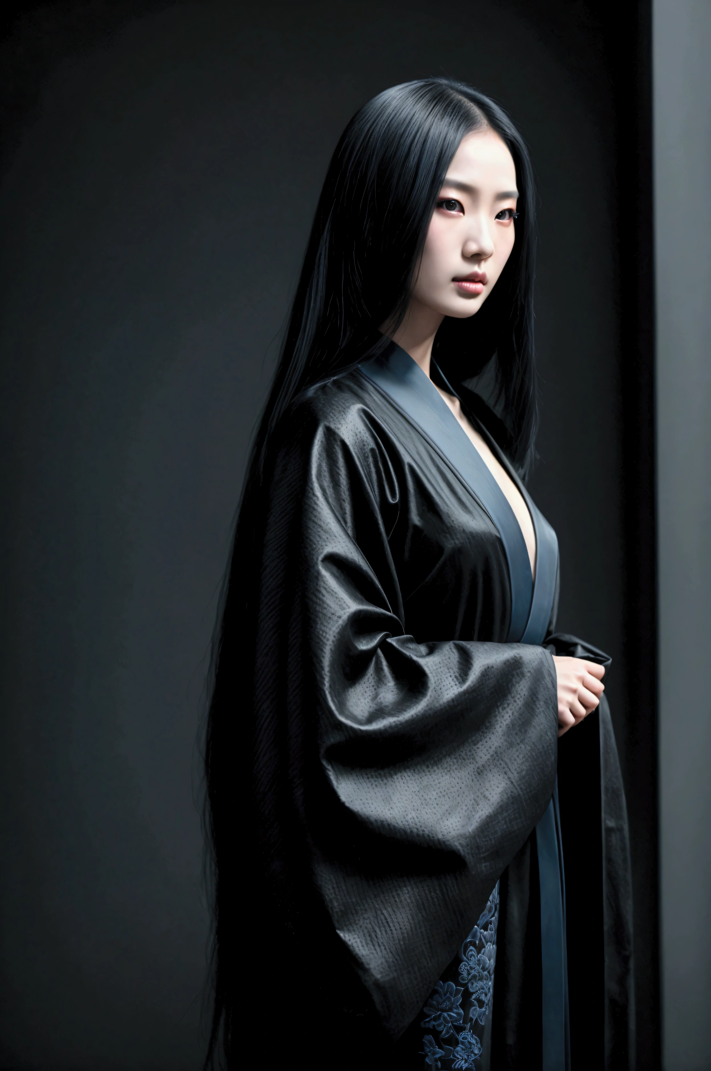 dark techno, cyberpunk,「Realistic image of a Asia Model She is elegant, pale, Perfect and long skin, Flowing black hair that blends with the surrounding shadows. Her kimono is exquisite and meticulous down to the last detail.., dark, Relaxing dark blue and black tones, Exquisitely decorated, Negative patterns that indicate a connection to the supernatural.