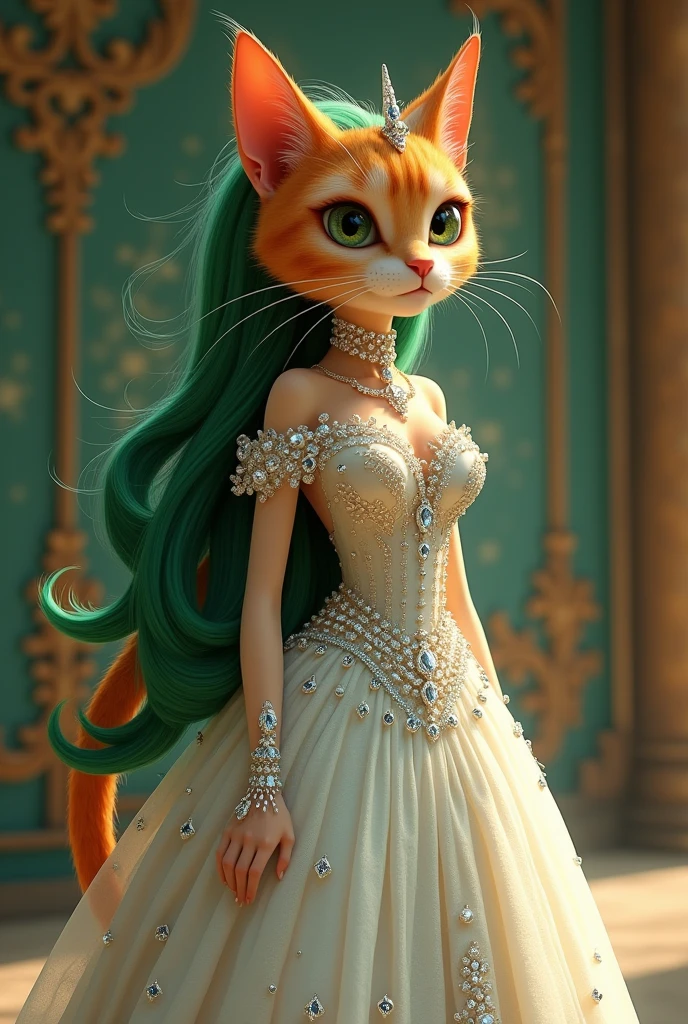 A beautiful, tall, and big-eyed orange cat princess with long green hair. She is wearing a white princess dress with beautiful diamonds all over her body.