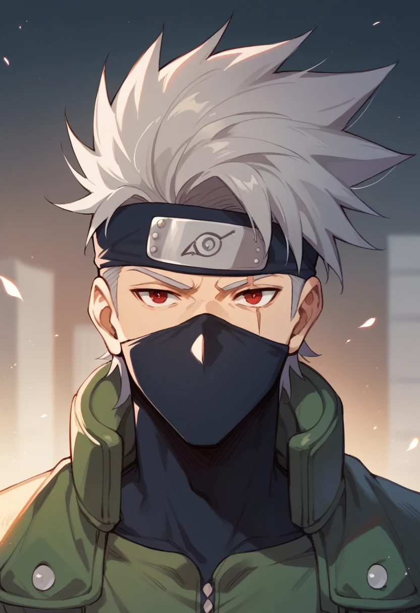 Masterpiece, best quality, 1boy, kakashi, grey hair, covered mouth, mouth mask, red eye, scar across eye, forehead protector, urban outfit