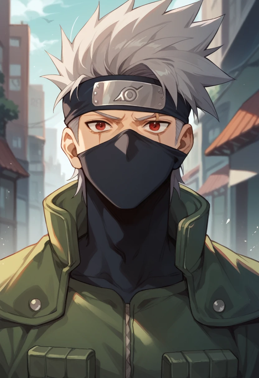 Masterpiece, best quality, 1boy, kakashi, grey hair, covered mouth, mouth mask, red eye, scar across eye, forehead protector, urban outfit