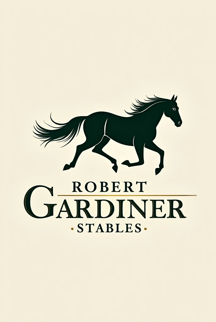 Design an elegant and sophisticated logo for "Robert Gardiner Stables" with a transparent background. The logo should feature:
- A detailed and graceful horse silhouette or icon, emphasizing equine beauty and movement.
- The text "Robert Gardiner Stables" in an elegant serif or script font that complements the horse design.
- A color scheme of rich, luxurious tones like deep brown, gold, or dark green.
- Arrange the horse icon and text in a harmonious and visually striking manner, ensuring the overall design exudes refinement and professionalism.