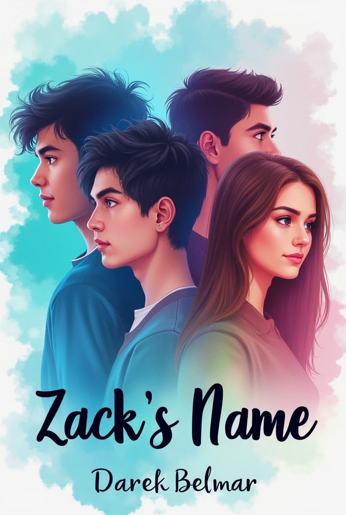 Create a book cover with the colors blue, pink and green, with two adult boys and an adult girl in the background, watercolor style, realistic but not detailed, with the title "Zack's name" and the author&#39;s name "Darek Belmar" On the bottom.