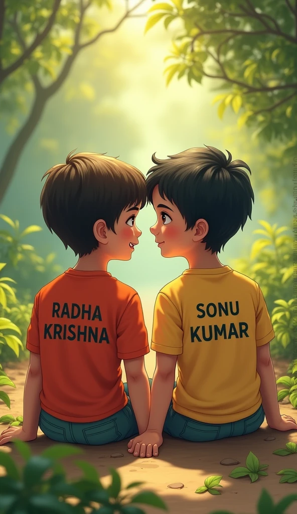 2 boy seat in the Radha Krishna Sonu Kumar name in t shirt