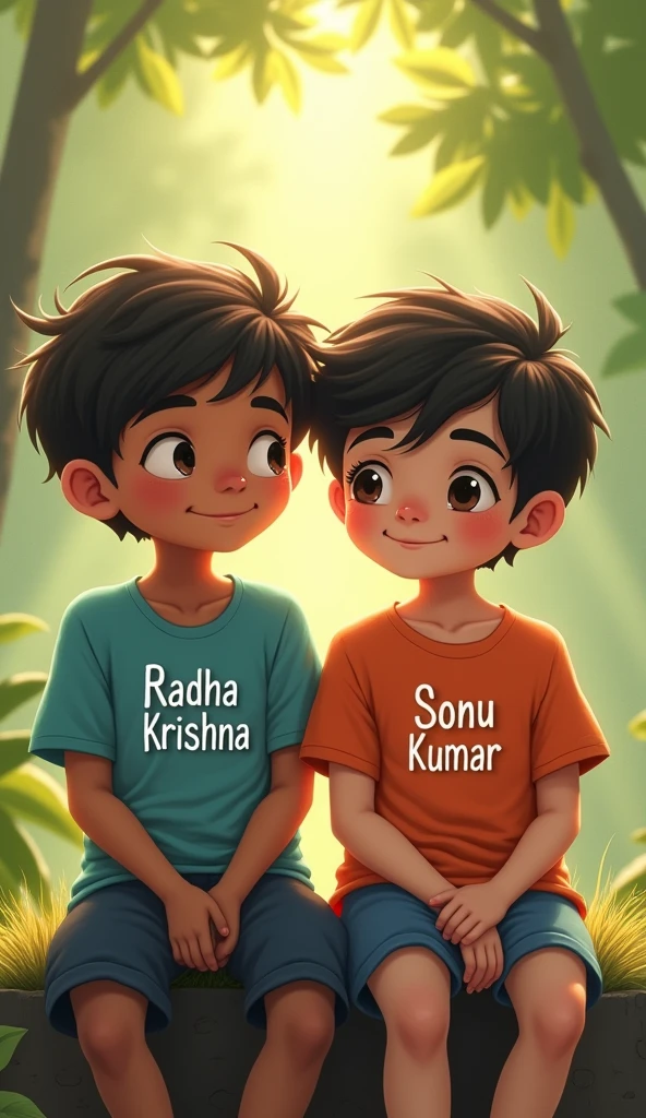 2 boy seat in the Radha Krishna Sonu Kumar name in t shirt 