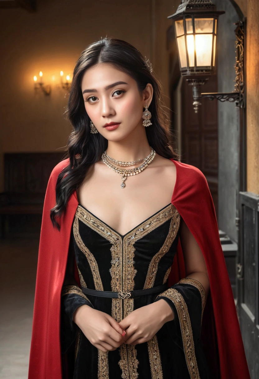 (Highest quality:1.4),(masterpiece:1.4),(Realistic:1.4),(Realistic:1.2),(超High resolution, RAW Photos:1.4),(High resolution, Ultra-detailed:1.2),(8k:1.2),View your viewers,Cinematic photography,One person,skeletally correct,Black-haired woman,Woman in her early 20s,(Small earrings,necklace,Brown cape collar dress),(Western-style building interior,Dimly lit room,The lamplight shines on my cheeks,kneel)