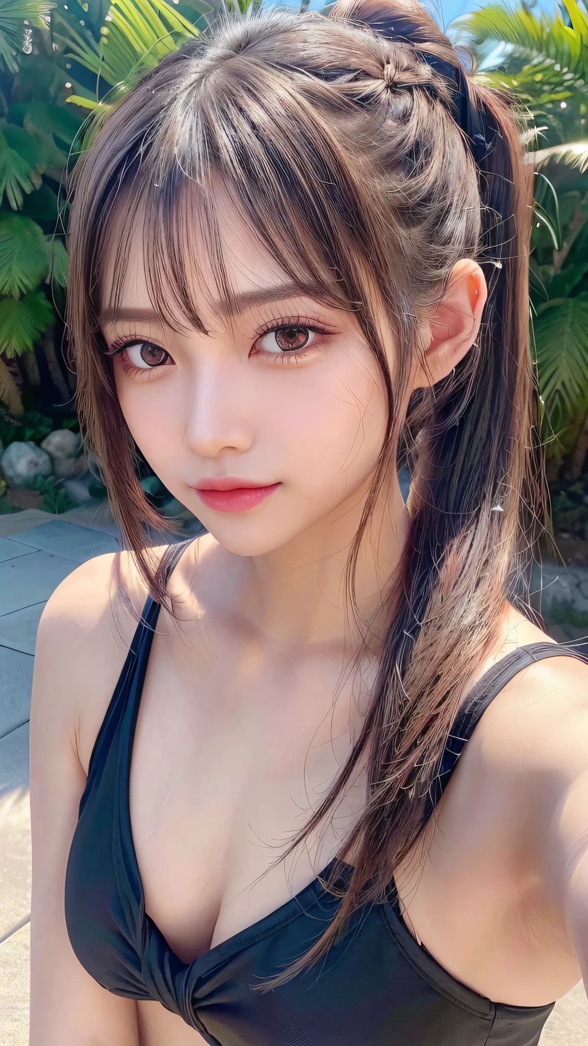 body shot,Outdoor,Black micro bikini,resort Beach,Ultra-detailed, finely detail, hight resolution, 8K Wallpaper, Perfect dynamic composition, Beautiful detailed eyes,,Close-up of face,,Blushing,Facing forward,Long hair ponytail,((8k, Raw photo, Best Quality, Mastepiece:1.2), (Realism, Photorealistic:1.4), (Highly detailed 8K wallpapers), Depth of written boundary, Cinematic Lighting, Soft Light, Detailed Beauty Eye,Shiny and smooth light brown ponytail, Asymmetrical bangs, Shiny skin, Ultra-detailed skins ,It is high resolution., High detail, Detailed hairstyle, Detailed facial beauty, Hyper-realistic, Perfect limbs, Perfect Anatomy ,Of Japanese,Famous Japanese Idols, Perfect female body,A shy smile,Short eyelashes,Double-edged eyelids,Look straight here,Hair style: ponytail,
