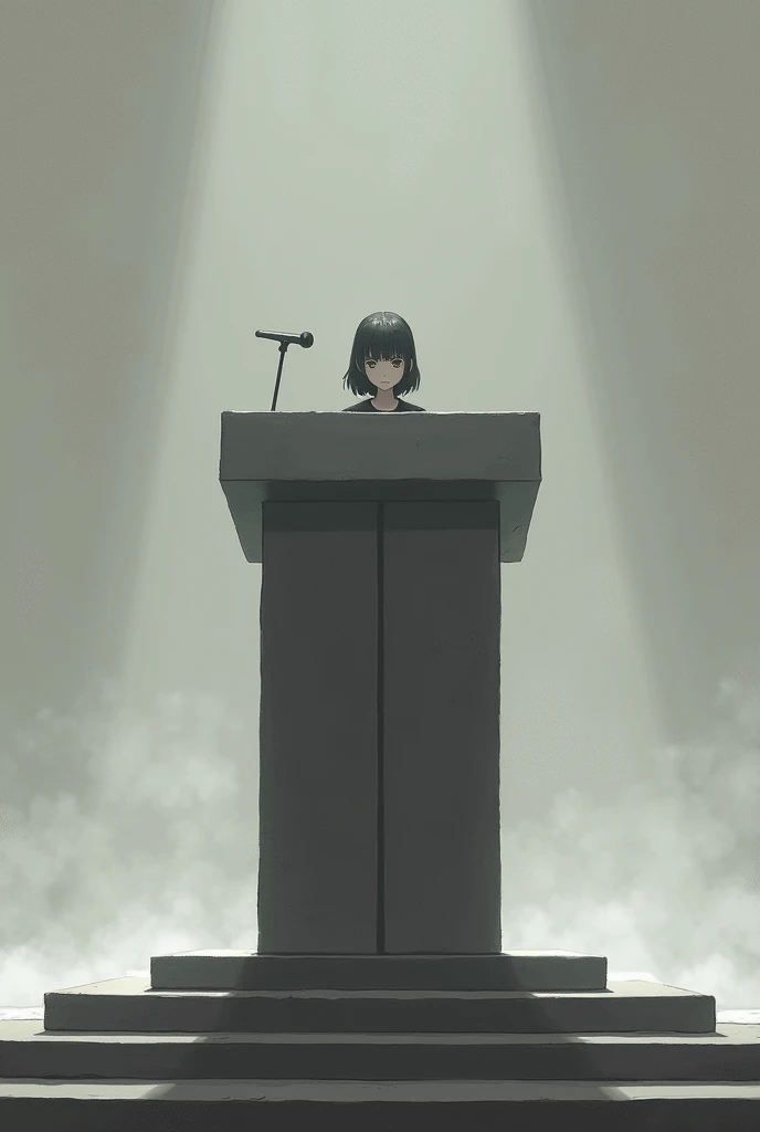 A big podium with only mic and small sad girl standing behind it