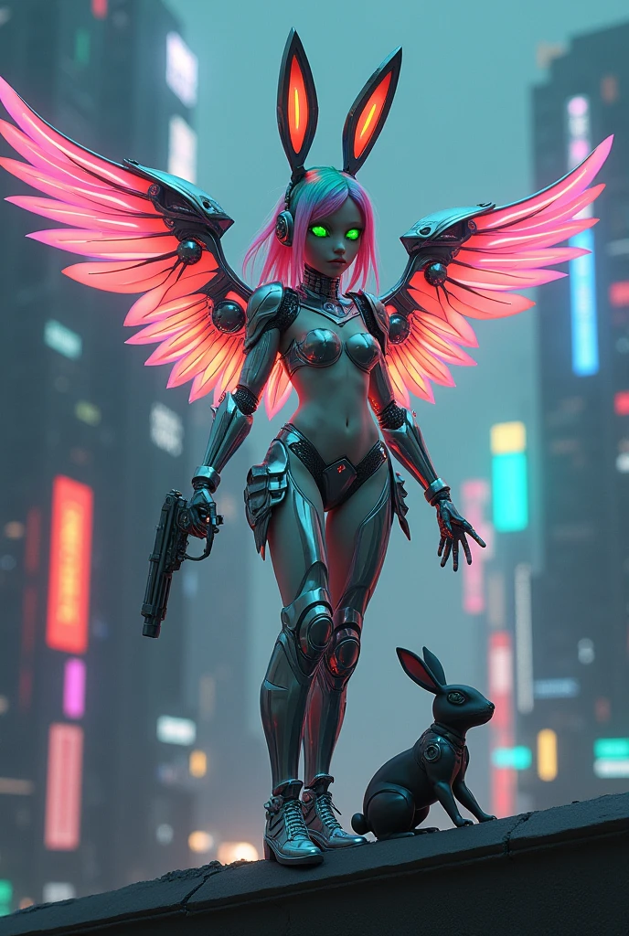 (Best quality,4K,8K,A high resolution,Masterpiece:1.2),Ultra-detailed,(Realistic,Photorealistic,photo-realistic:1.37),[Cyberpunk,Girl,The center of the picture,frontage，Mechanical,Metallic,robotic limb,high-heels，(Huge wings),(Rabbit ears)],Futuristic city landscape,nigth,Suspended in the street，Science fiction elements,urban chic,