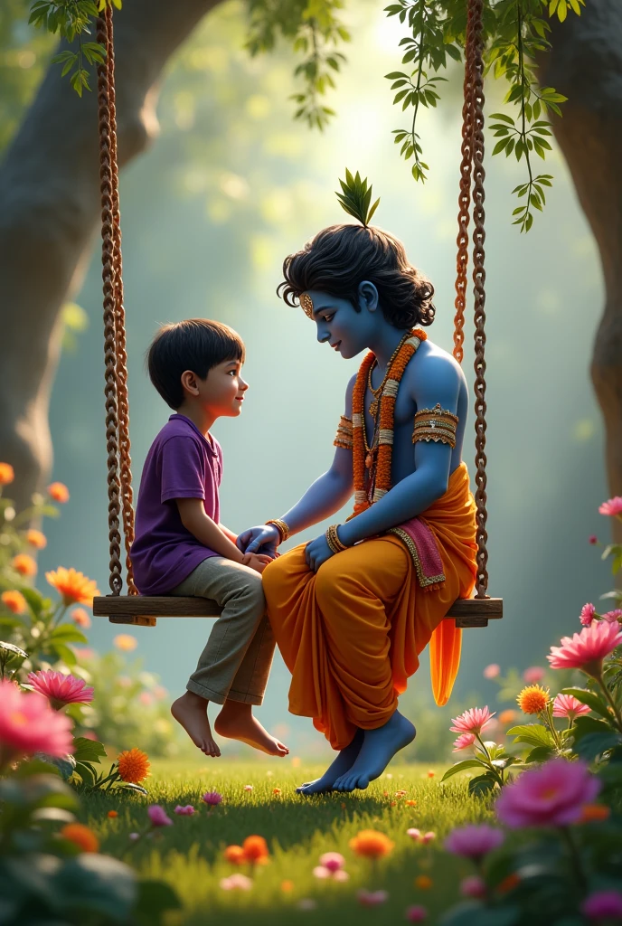 Make a realistic picture in which a boy is sitting on a swing with Shri Krishna ji and his shirt is purple and the name Karan is written on his shirt and there is a beautiful garden in the background.
