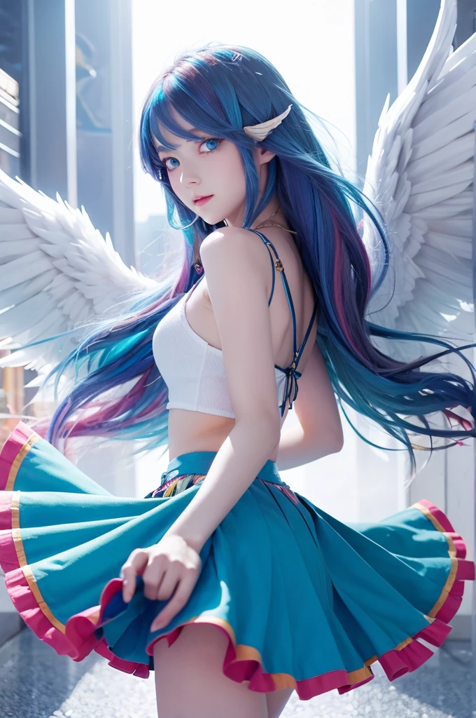 1 girl, blue eyes, upper body, No expression on her face, colorful hair, long hair, wings on back, flair skirt, landing_wings, closeup, front:1.1