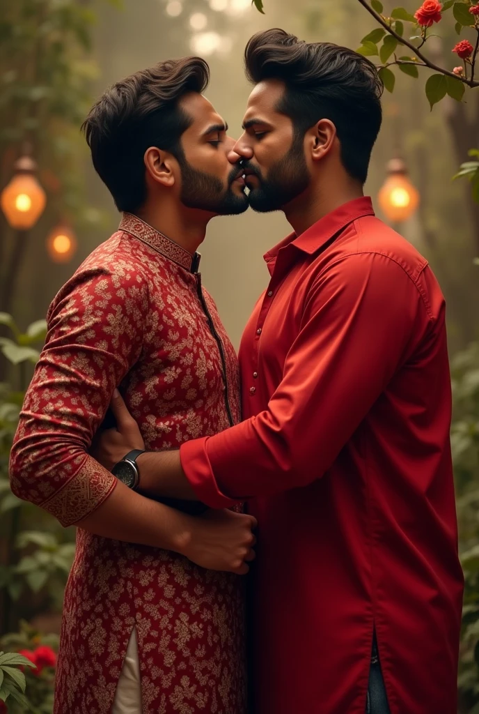Sexy Pakistani guy who is wearing shalwar kameez kissing full mouth to mouth to a Indian Hindu hot sexy guy who is wearing red dress shirt and red jeans