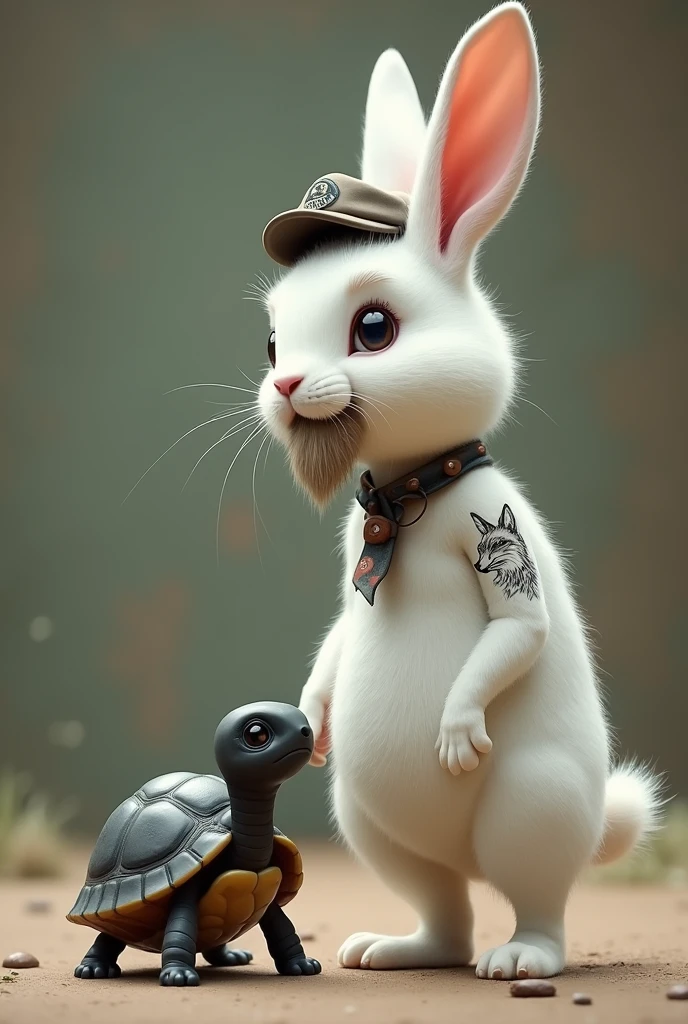 Minuscule tortue noire avec les pieds blancs à côté d'un grand lapin blanc et mince avec une belle barbe et une moustache et une casquette et un tatouage de renard sur le bras