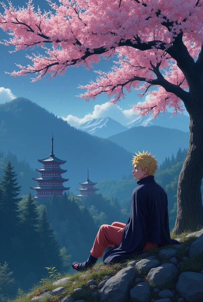 Minato Namikaze sitting under the sakura trees, green mountains and trees, Buddha temples, night, beautiful view