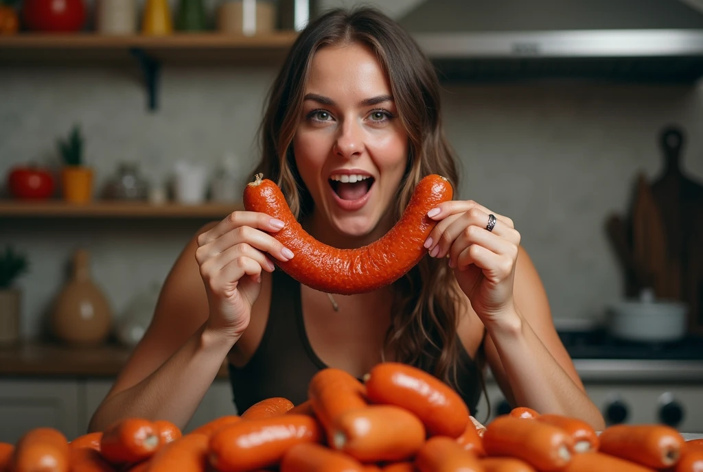 Heaps of food in both hands,muscular woman Eating penis shaped sausage battle contest,in kitchen stadium,