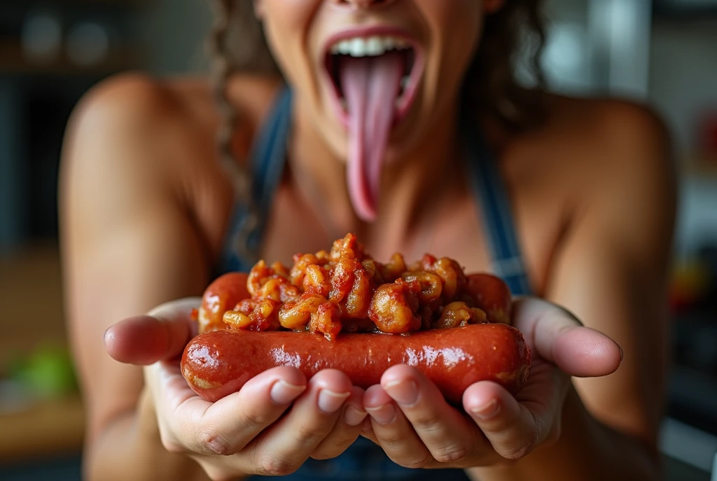 Heaps of food in both hands,muscular woman Eating penis shaped sausage 　battle contest,in kitchen stadium,