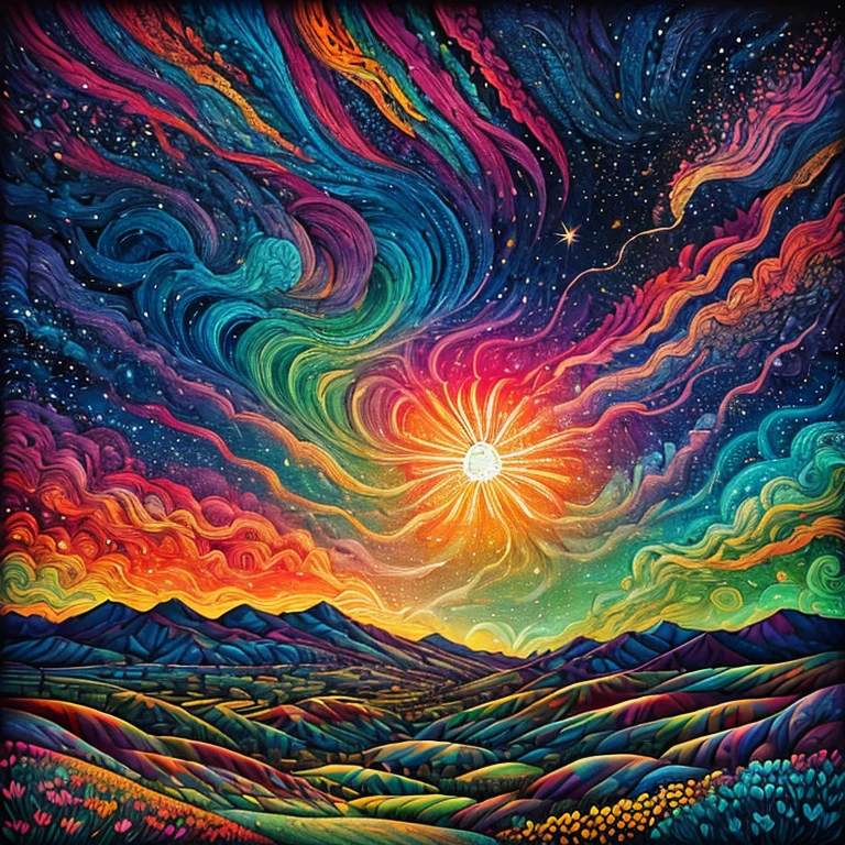 Masterpiece, best composition, dynamic composition, colorful landscape painting, painted hills with fireworks, colorful landscape painting, psychedelic landscape, vivid oil painting, vivid abstract landscape, color field painting. 8K, amazing colorful landscape, detailed impasto, colorful oil painting, psychedelic sky, mountains and colorful sun, painted landscape, colorful sky, hills of flowers, big fireworks over hills, summer day psychedelic, big colorful picture.