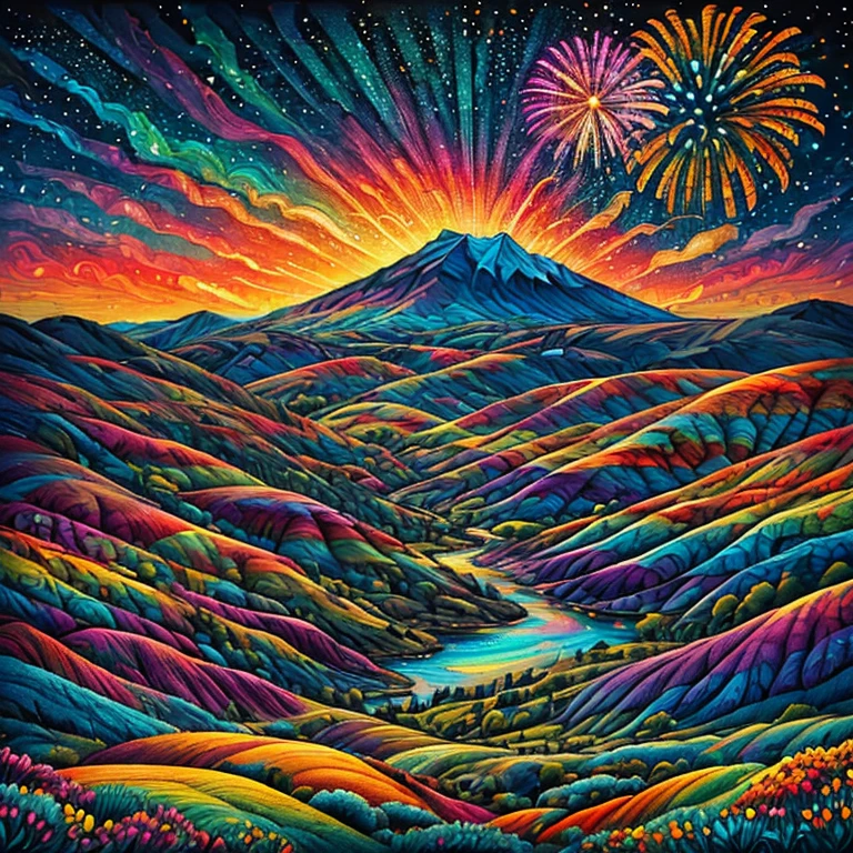 Masterpiece, best composition, dynamic composition, colorful landscape painting, painted hills with fireworks, colorful landscape painting, psychedelic landscape, vivid oil painting, vivid abstract landscape, color field painting. 8K, amazing colorful landscape, detailed impasto, colorful oil painting, psychedelic sky, mountains and colorful sun, painted landscape, colorful sky, hills of flowers, big fireworks over hills, summer day psychedelic, big colorful picture.