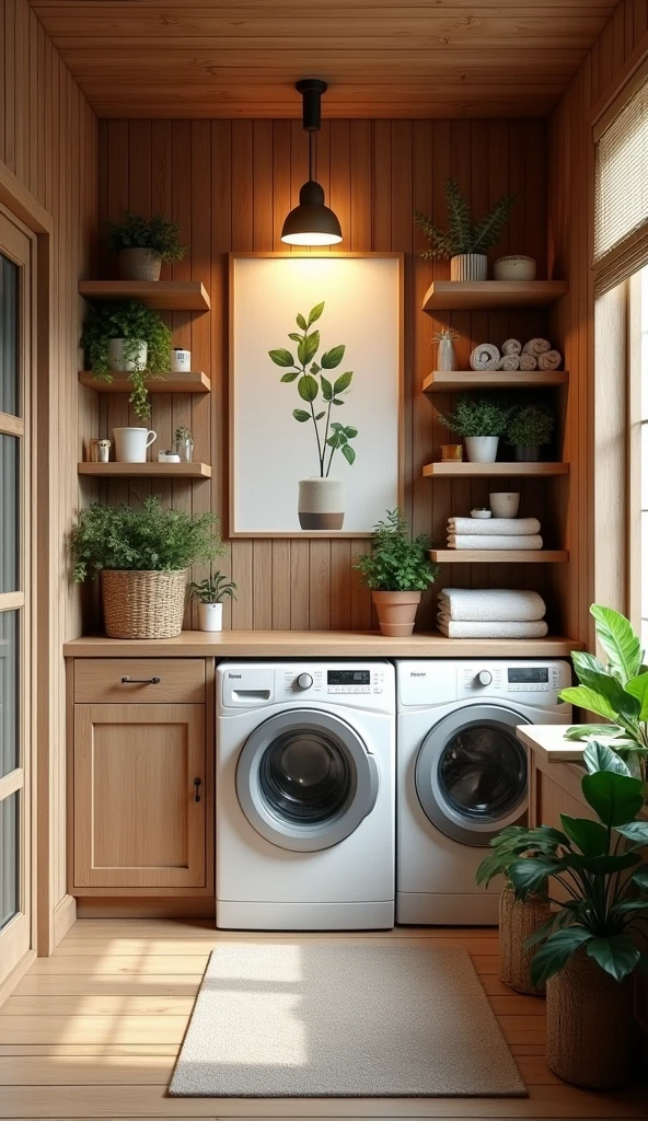The following features can be seen in this image
1. a laundry room with wooden wall panels and ceiling.
2. a washing machine and a dryer are installed.
3. shelves with various decorative items, plants, and towels.
A large picture of a plant hangs on the wall. 5.
5. the overall atmosphere is warm and inviting, with natural materials used throughout.
6. the space is designed with a good balance between practicality and decorativeness.