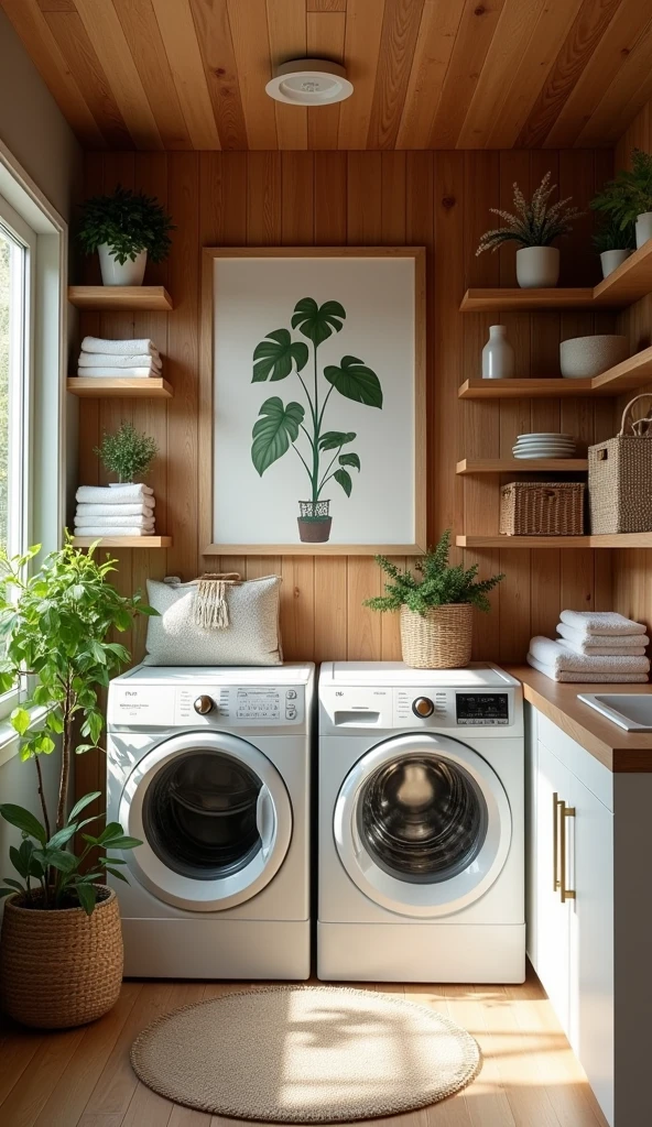 The following features can be seen in this image
1. a laundry room with wooden wall panels and ceiling.
2. a washing machine and a dryer are installed.
3. shelves with various decorative items, plants, and towels.
A large picture of a plant hangs on the wall. 5.
5. the overall atmosphere is warm and inviting, with natural materials used throughout.
6. the space is designed with a good balance between practicality and decorativeness.
