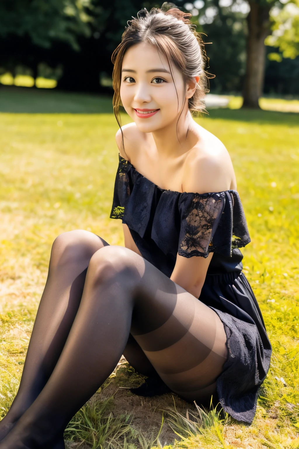 ulzzang-6500-v1.1, (RAW Photos:1.2), (Photorealistic),(Genuine: 1.4),  Popular actress、 (A black lace off-the-shoulder dress:1.3)、(Ultra-realistic pantyhose:1.2),   Ultra-realistic skin texture、Shiny skin、Bare thighs!!!、Makeup、A shy smile、Sit on the grass、Pose for shooting、sunlight、A quiet park、