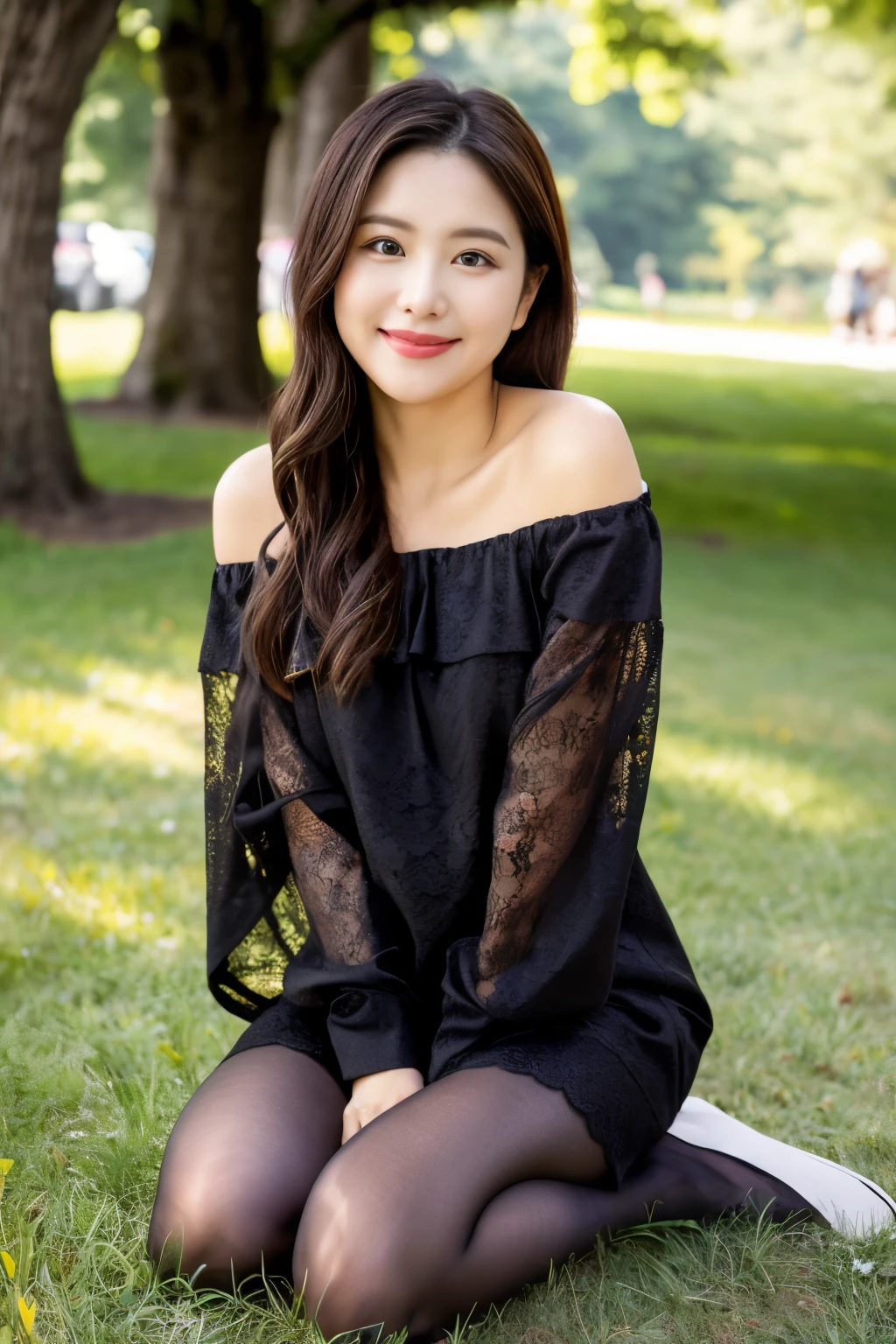 ulzzang-6500-v1.1, (RAW Photos:1.2), (Photorealistic),(Genuine: 1.4), Popular actress、 (A black lace off-the-shoulder dress:1.3)、(Ultra-realistic pantyhose:1.2), Ultra-realistic skin texture、Shiny skin、Bare thighs!!!、Makeup、A shy smile、Sit on the grass、Pose for shooting、sunlight、A quiet park、