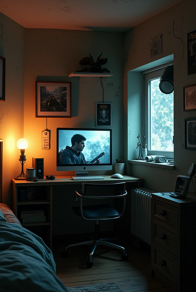 Create an image showing a modern bedroom, but decorated with a &#39;Half-Life 2&#39; inspired aesthetic. The scene should include a desktop computer with the screen displaying an iconic scene from the game., like Gordon Freeman facing the Combine or exploring a devastated environment. The room should reflect the game environment, with details like worn walls, aged furniture and cold, somber lighting. Add game themed elements, like posters from the &#39;Half-Life 2&#39; universe on the walls, a shelf with replicas of items from the game (like a Crowbar miniature or a Citadel model), and a disorganized work desk with accessories reminiscent of the post-apocalyptic world. The atmosphere should be a combination of the comfort of a personal space and the feeling of desolation and oppression typical of the game.