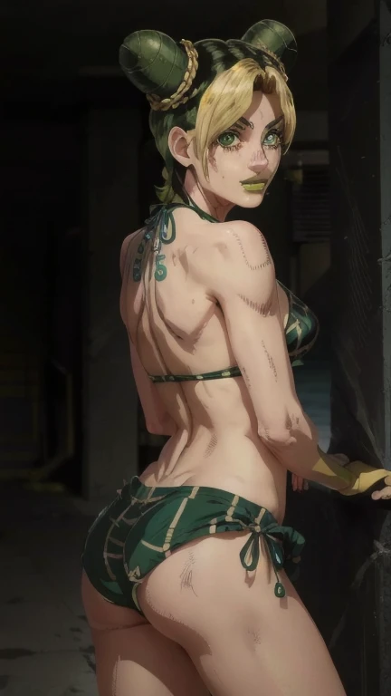 1 girl, standing alone, Jolyne, green eyes, lips, smile, closed mouth, looking back, bikini, simple background, he finished, from behind, in this, short hair