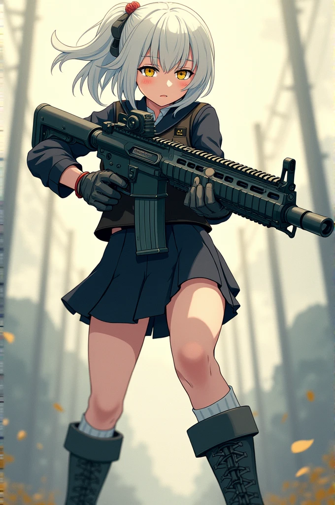 Medium height white short ponytail hair yellow eye mole below her left eye anime girl wearing black school uniform, short skirt, long white socks, tactical boots while holding a futuristic assault rifle. Manga anime art style