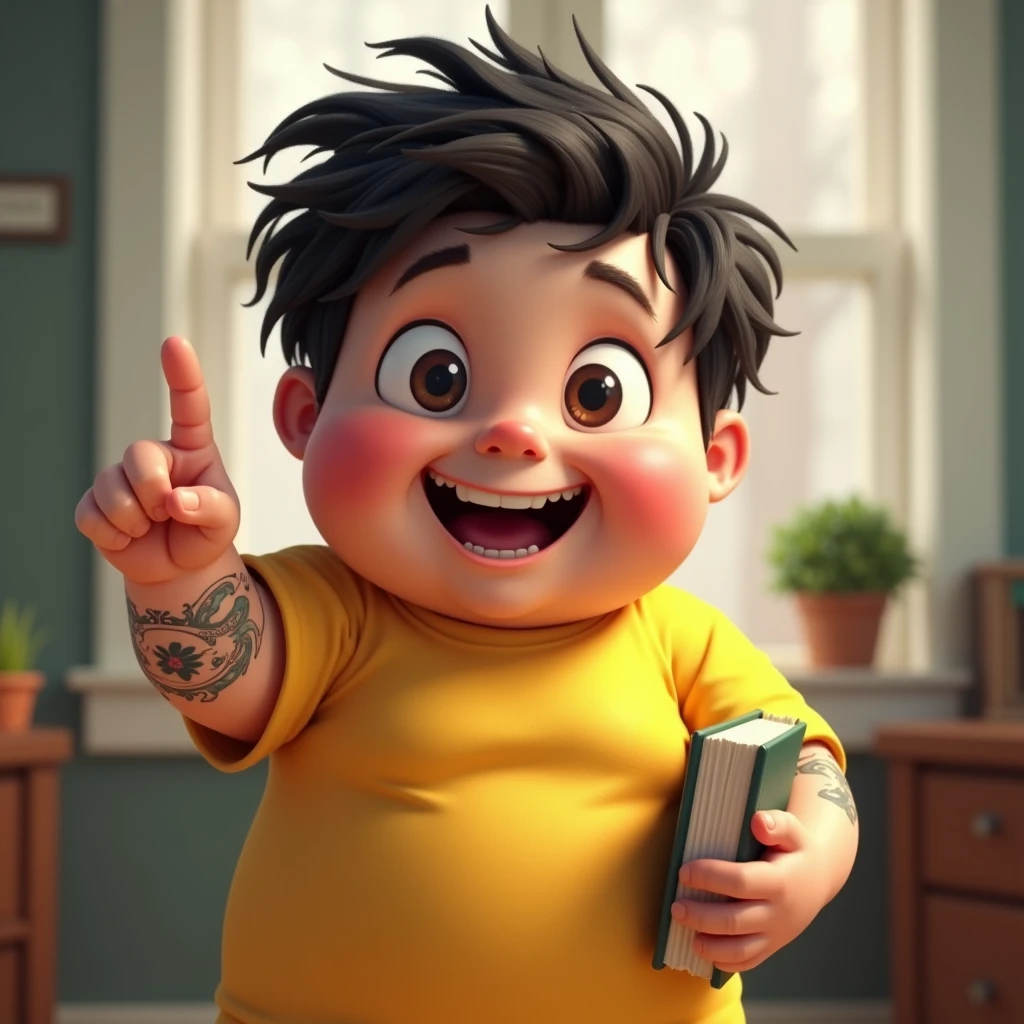 A  boy, with a chubby and funny appearance, reminiscent of the young Macaulay Culkin in *Home alone*. Realistic light, with a yellow short-sleeved T-shirt that stands out against his playful physique. Despite his age, He has small tattoos on his arms, adding a unique touch to your appearance. With a cheerful and mischievous expression on his face, He shows a wide smile that reflects his playful character. He is pointing forward with one finger of one hand, while holding a book in the other. looking straight ahead, Her rounded face and messy hair accentuate her innocent and charming appearance..