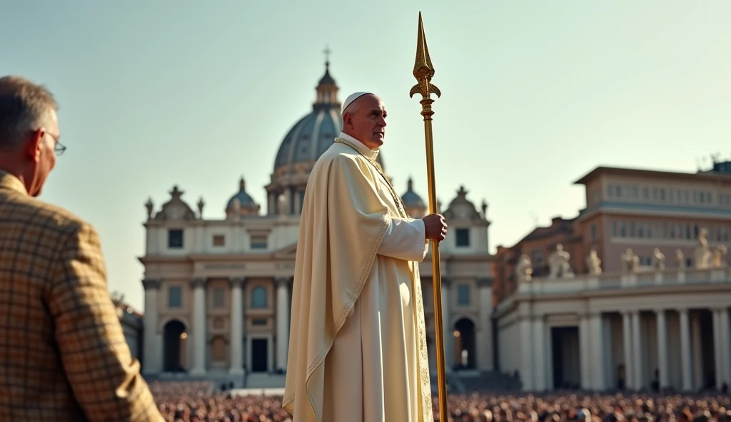 Scene set in St. Peter's Square in the Vatican. The focal point of this image is the Pope and the brown leather laceless, zippered, high-top boots that the Pope is wearing. The Pope wears a white robe with a mantle and holds a long papal staff. The backdrop is St. Peter's Square in the Vatican filled with people. The scene captures the moment of religious significance and the historical and artistic richness of St. Peter's Square. Ultrarealistic Ultrarealistic photo, 16k, ultra high resolution, photorealistic, Ultra HD