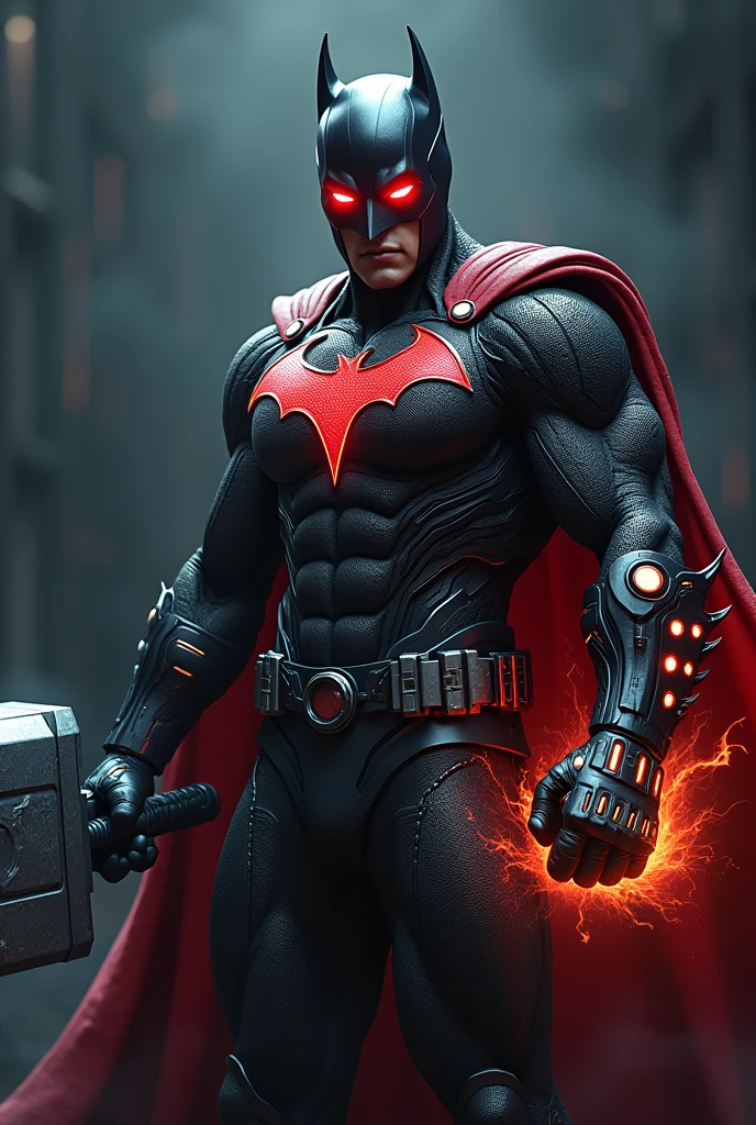 Man with technological red batman mask, with Thor's hammer and the Infinity Gauntlet,