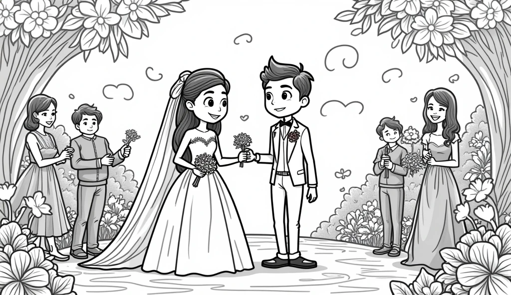 A line art for a coloring book for children of a wedding with details in Pixar-style