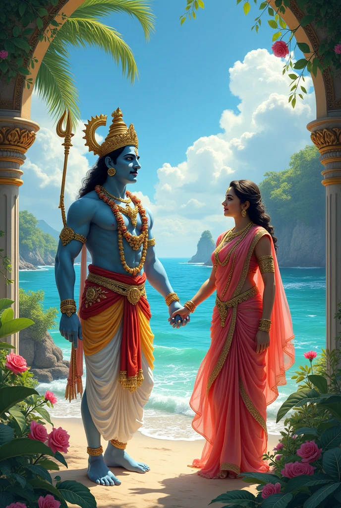 Lord Vishnu beautiful sea view with godess Laxmi 


