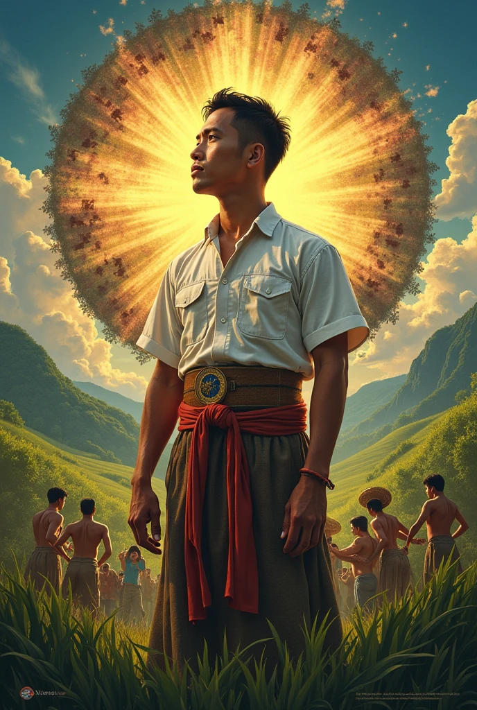 Create a masterpiece-quality poster that vividly illustrates the theme: "Legacy of the Past, Gift of the Present, and Life of the Future." The poster should be rich in expressive imagery, featuring a central figure with expressive eyes and a perfect face to symbolize the continuity of time. The background should be filled with vivid images.
Create an image depicting a Filipino man wearing a traditional Barong Tagalog, walking beside a lush rice field. In the middle of the scene, illustrate the historic battle between Ferdinand Magellan and Lapu-Lapu. Below this, show a group of people dancing and singing, wearing traditional tapis and bahag from the Cordillera region. Include some individuals making baskets, adding to the scene's cultural richness and authenticity.