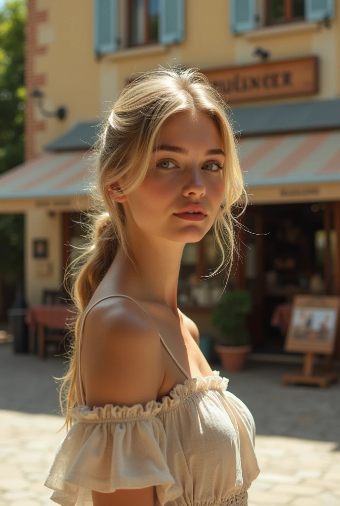 a blonde girl, age 25, in front of a boulangerie in a square in Provence. Filtro Foggy, David Hamilton Style.