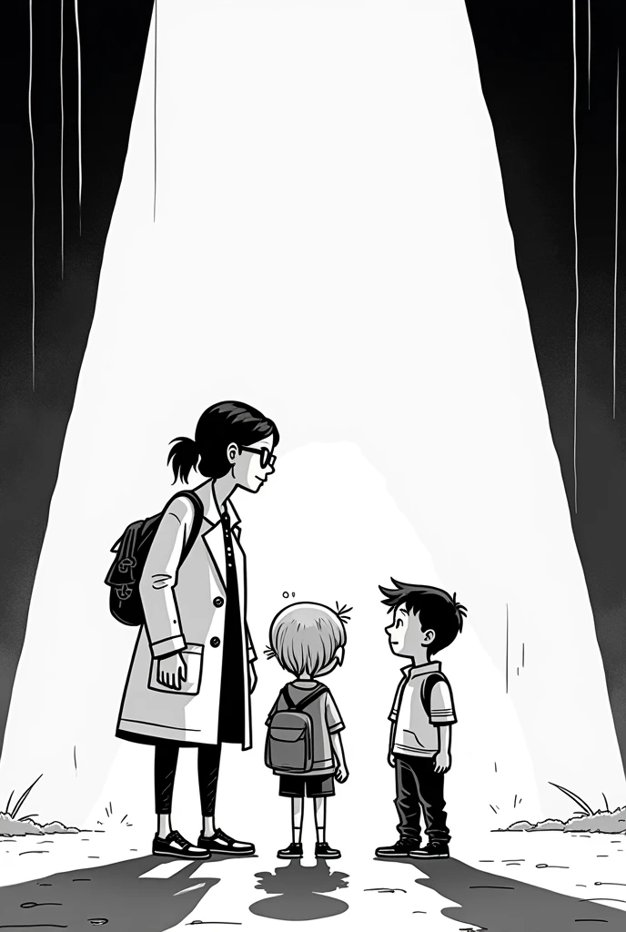 create a comic book cover image with simple stick figures (black andwhite) with 3 characters (a scientist and two little brothers, She is a girl) about a teleportation clock