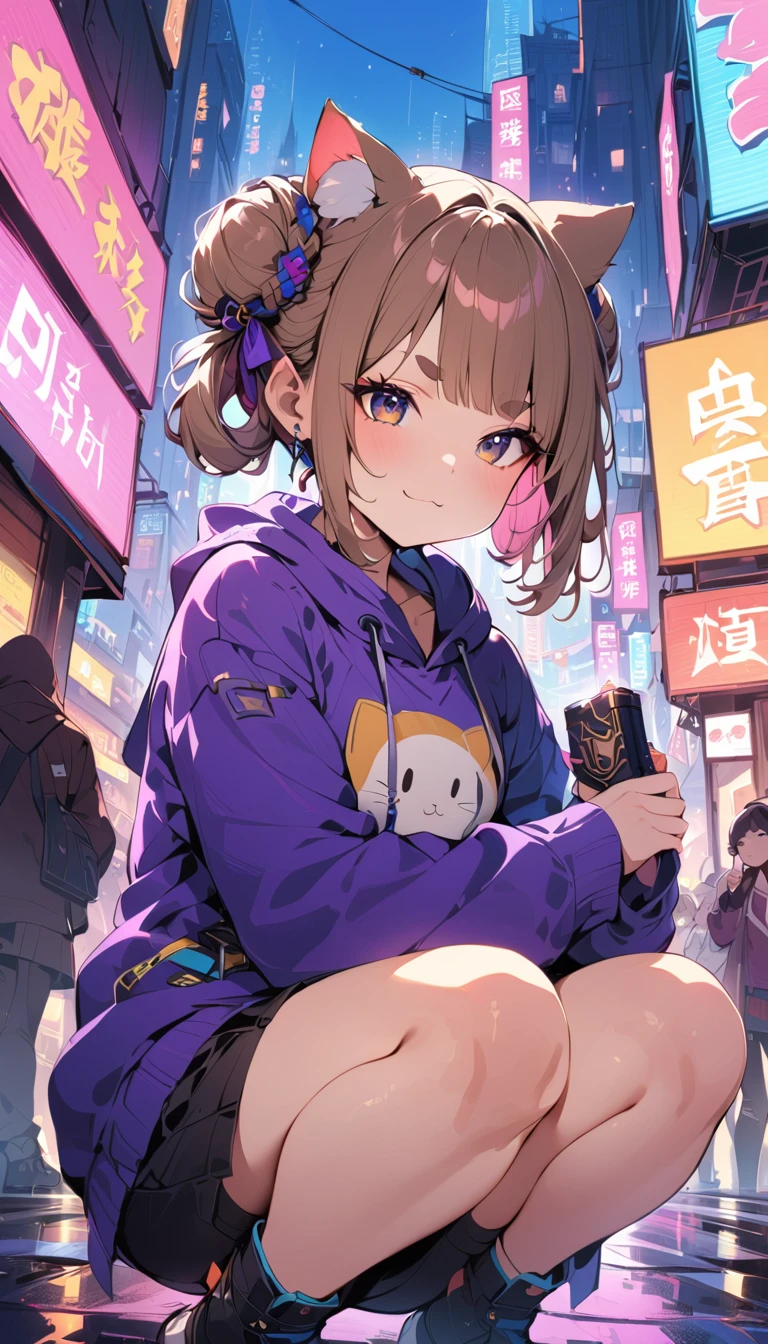 (((masterpiece, Highest quality, 1 girl with cat ears, alone, 独奏))), (((two side bun hairstyle, a little lighter brown hair,Lift all the hair on the sides, Very round eyebrows:1.8, bangs, Beautiful Eyes, Droopy eyes:1.6, Black Eyes))), (smug face, :3 face, smug face, Close your mouth, Red round cheeks, Mouth ω) View your viewers, 1, (((Navy blue Chinese style hoodie, Purple hoodie strings))), Small breasts, ((whole body, squat, arms behind)), from the front, full moon, A city full of neon lights in China, Many faint particles of light on the entire screen,