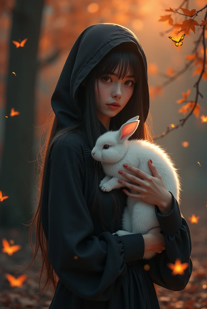 awesome reflections, autumn style，Best reflections. (Very Detailed CG unity wallpaper 8k), (Best Quality), (best illustrations), (best shadows), (night gloomy background, Gloomy and hopeless, dark dramatic lighting, vignette), realistic eyes, beautiful face, 1A girl 24 yearsold with a perfect body, with a white rabbit in his hands, with long, straight hair, Generous neckline, She wears a veil with a hood on her head, ((perfect anatomy)), Gothic, burnt orange gradient, surrounded by tender leaves and branches, with fireflies and glowing particle effects, (natural elements), (leaves), (small firewood), (Fireflies), butterflies, (Tender leaves), (glow), (particle fx). , Fantasy Art, bokeh, Octane rendering, ray tracing, Overdetailing. terror, Fantastic, creepy, Scarimok a feeling of sophistication and tranquility.. The overall aesthetic should be elegant and stylish.., making it suitable for branding and logos..