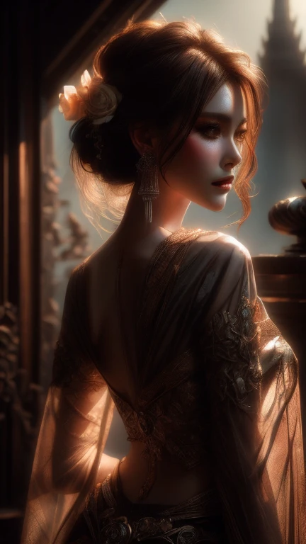 (RAW photo, best quality), (realistic, photo-Realistic:1.1), best quality, masterpiece, beautiful and aesthetic, 16K, (HDR:1.2), high contrast, (vibrant color:1.3), (muted colors, dim colors, soothing tones:0), cinematic lighting, ambient lighting, sidelighting, Exquisite details and textures, cinematic shot, Warm tone, (Bright and intense:1.1), wide shot, by xm887, ultra realistic illustration, siena natural ratio, (ancient Chinese theme:1.1), (cute girl costume:1.4), half body view, long Wave brown hair, (a Vogue model look:1.4), Gray bracelet, Girl in grand gatsby 1920 style, a beautiful Turkish girl, oversized clevage, a small earrings, super fine depressive vintage ink painting, inspired by necronomicon art | botanical art | Egon Schiele | Luis Royo, eye-catching, artistic, ominous colors, masterful shadows, hyper details, hyperrealistic, otherworldly, eerie steampunk landscape, by Yoshitaka Amano | yoji shinkawa:2.0, staring at viewer, black baccara:2.0, mosaic glass scales, anime-inspired character, hypnosis gaze, side view, nighttime, haze, complex background, perfect composition, epic, rtx on, octane render, UHD, 32K,thai dress,Thai Dress,ThaiDress,TG