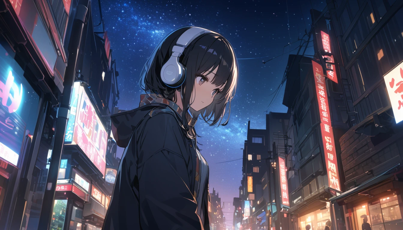 Black-haired woman facing forward,Night starry sky,Streetscape、Listening to music with headphones、Japanese