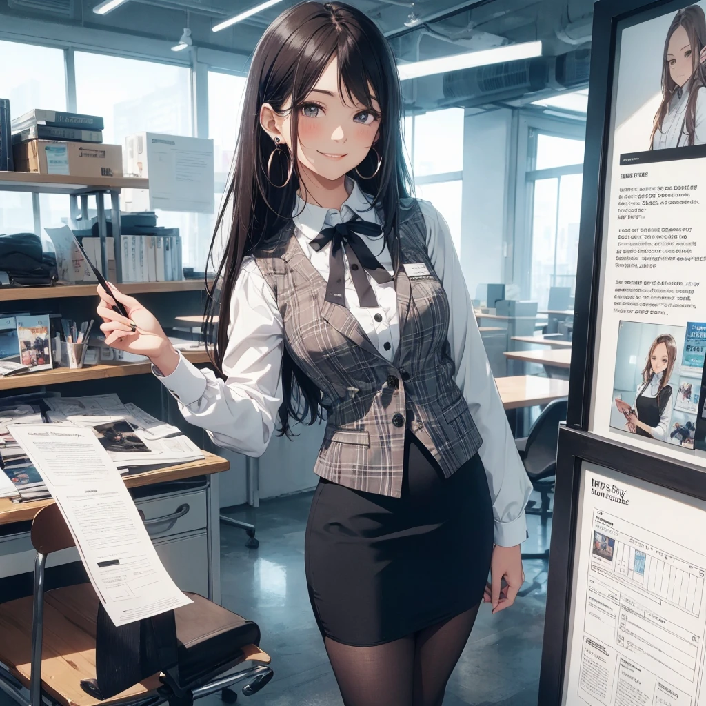 (Best Quality, Masterpiece),Wearing a pink plaid vest, White short sleeved shirt, Gray pencil skirt, Wear stiletto heels, Necklace, earrings, Cute face, Smile, Blushing, Shyness, Glass wall, Ultra Detail, Realistic, Front view, Whole body, stunning, cute, warm smile, hourglass figure, apron, text, chart, advertising, magazine title(Best Quality, Masterpiece), Mag((((1ladyl,)))) (masterpiece), (realistic), (best quality), (ultra-detailed), (wearing in [[white and gray check pattern]] Vest worn over white collared long-sleeved shirt:1.4), (gray vest with buttons:1.2), (Pink Theme:1.2), (blue ribbon ribbon:1.3), (Black theme:1.4), (Tight black pencil skirt:1.5), ((Brown pantyhose)), (high-heels:1.1),longskirt,office desk, office chair,Lulubre Unity 8K Wallpaper, pantyshot, long brown hair, office lady Magazine Cover, 1girl,  amazing, girl, 30 years old, house wiife, warm smile, hourglass figure, text, chart, advertising, magazine title