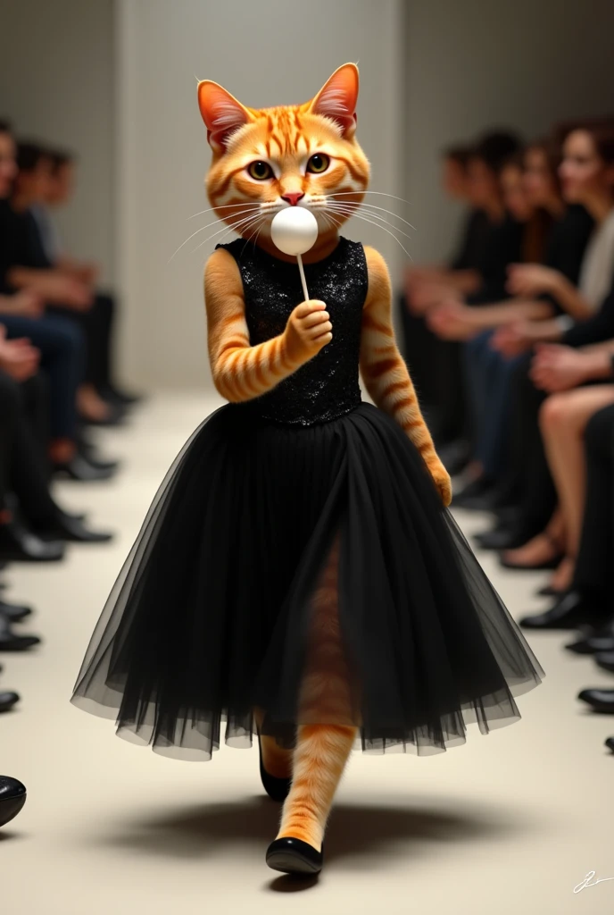 (photorealism:1.2), cute ginger cat, wearing black ballgown, sucking a white lollipop, walking confidently on runway, people sitting on two sides of runway