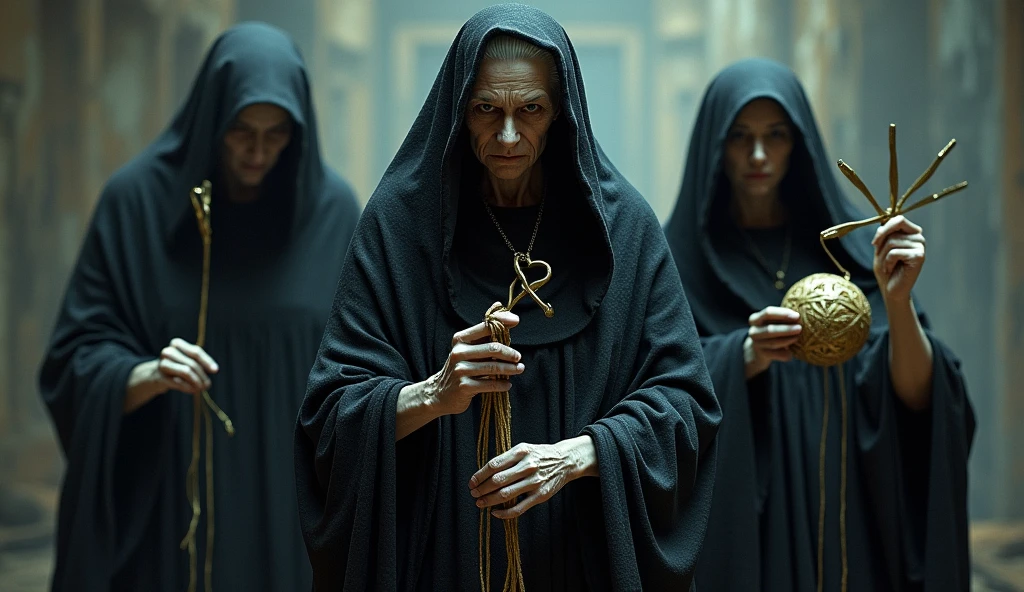 Act like the Three Fates of Greek mythology, known as Clotho, Lachesis and Atropos. OLD WOMAN. black hair, shivering, distant gaze, SHADOW IMAGE, head covered with veil, the woman on the left cuts a golden thread with scissors in her hand, the woman on the right holds a ball of spinnerets, the woman in the middle is weaving the threads, masterpiece, anatomically correct, award winning, best quality, high resolution
